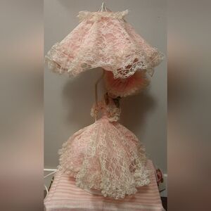 Vintage Bradley Cream Lace and Pink Doll Accent Night Lamp 24" Korea Working